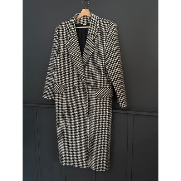 Vintage Houndstooth Wool Good Work Clothes Long Coat Black White Size 12 - Picture 3 of 11